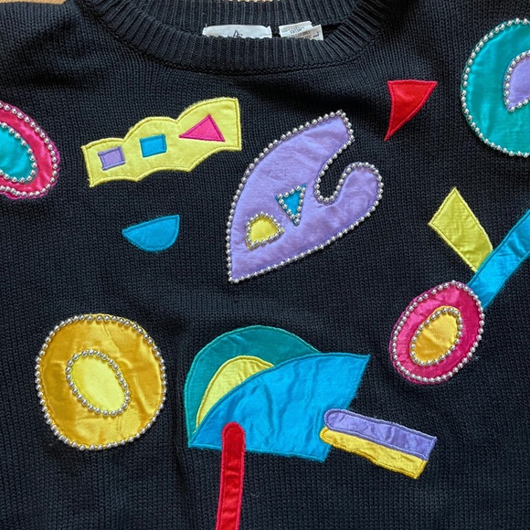 Andre Christian Black Vintage 80s Bold Fun Graphic Bead Embellished Sweater - Picture 5 of 7